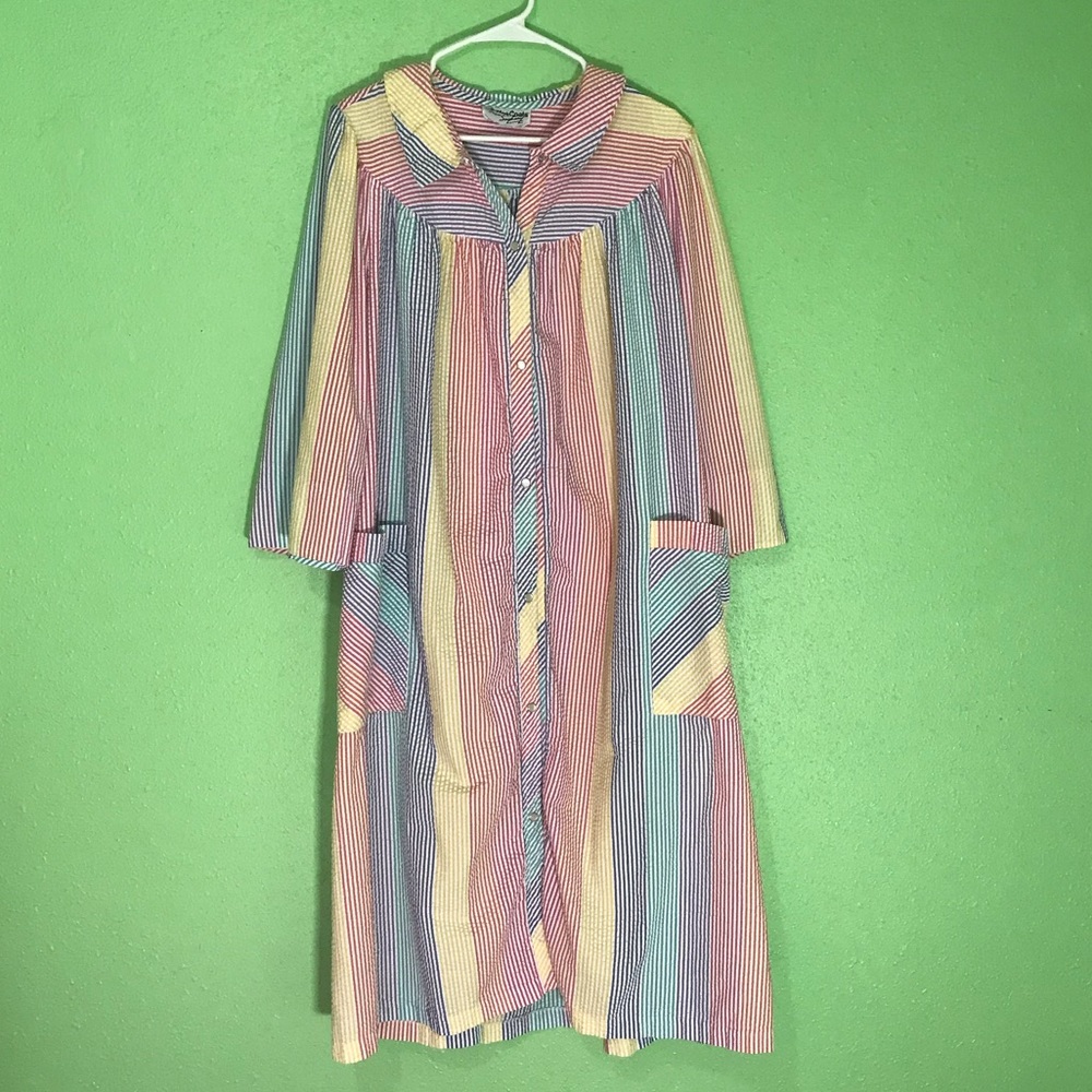 Vintage Rainbow Seersucker Striped Housecoat - vintage long cardigan robe duster
